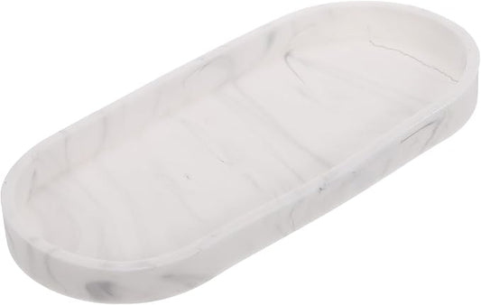 uxcell Bathroom Vanity Tray, 9.8" x 4" Oval Silicone Soap Dispenser Trays, Shatterproof Kitchen Sink Organizer for Soaps Keys Candle Trinket, Marble White