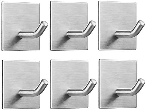 FOMANSH Heavy Duty Adhesive Hooks, Stick on Wall Adhesive Hangers, Strong Stainless Steel Holder, Self Adhesive Hooks for Kitchen Bathroom Home Door Towel Coat Key Robe 6 Packs Silver