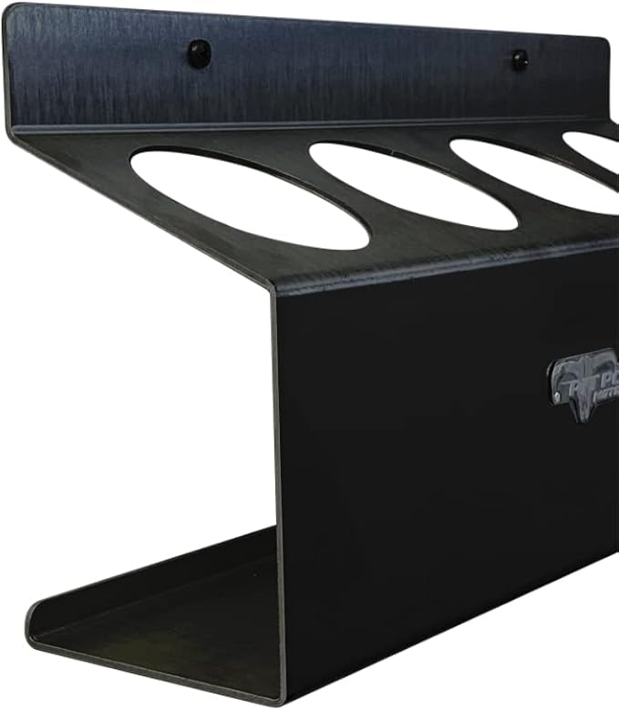 Pit Posse 303BK Four Bottle Aerosol Spray Can Rack Shelf Holder 15.5" Caddy - Made in USA - Aluminum Enclosed Trailer Shop Garage Storage Organizer - Mounting Hardware Included (Black)