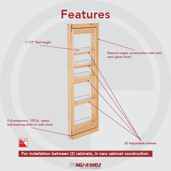 REV-A-SHELF Wood Wall Filler Pullout for 39" H New Kitchen Applications w/BB Soft-Close