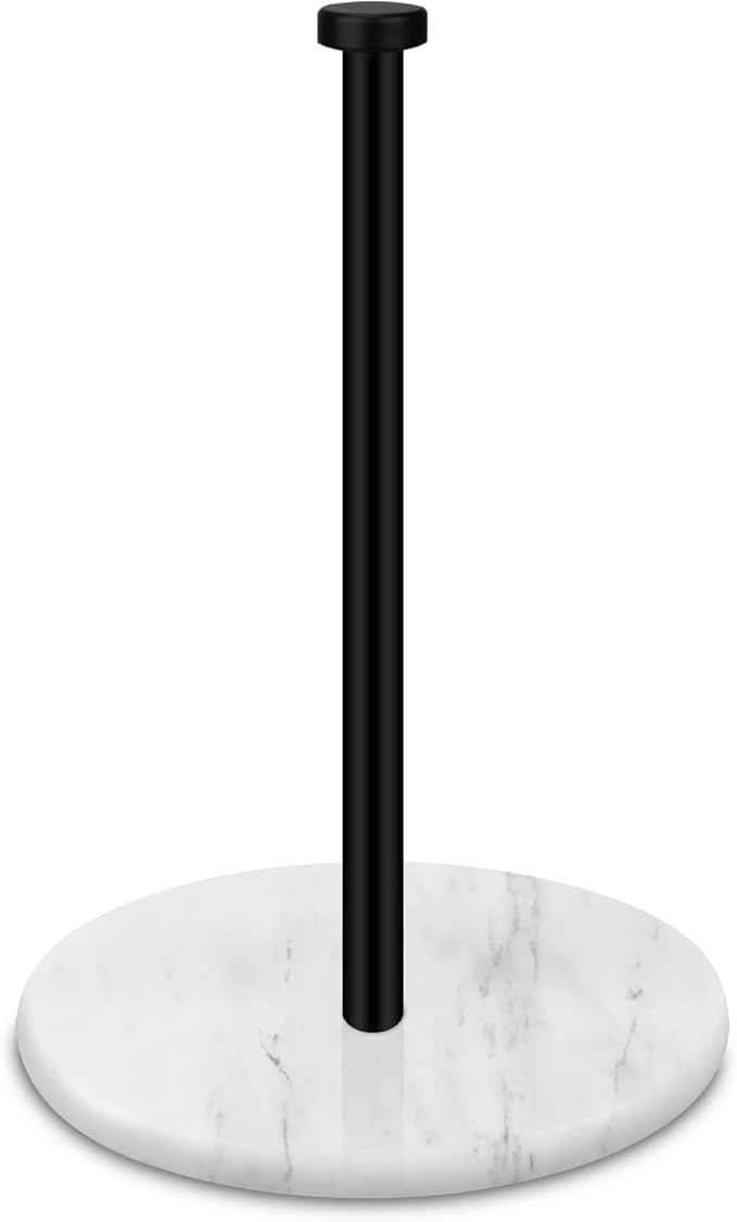 Paper Towel Holder Countertop with 7" Weighted White Marble Base - Modern Free Standing Paper Roll Holder, Matte Black Stainless Steel Stand Paper Towel Holder for Kitchen and Bathroom