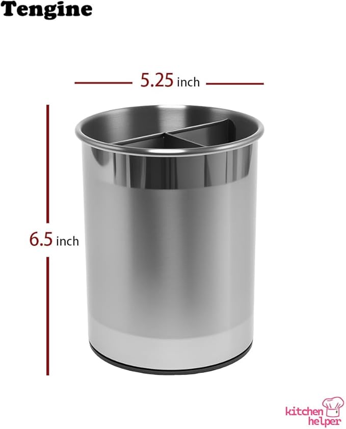 TENGINE Stainless Utensil Holder 360° Rotating 6.5X5.25 Inch Utensil Crocks for Kitchen Counter with Removable Divider Bright