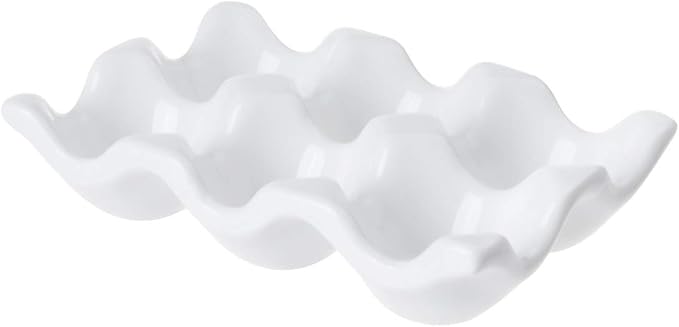 Ceramic 6 Cups Egg Tray - Half Dozen Porcelain Egg Holder Container Keeper Storage Organizer Decorative Serving Dish Plate for Refrigerator Fridge Countertop Display Kitchen Home (White)