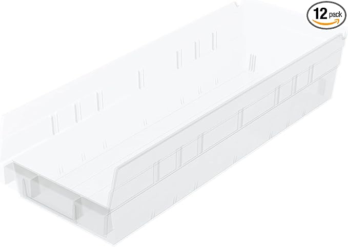 Akro-Mils 30138 Plastic Shelf Bins, Heavy Duty Storage Bins for Garage, Closet, and Drawer Organization, 18" x 6-1/2" x 4", Clear, 12-Pack