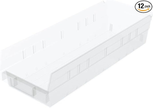 Akro-Mils 30138 Plastic Shelf Bins, Heavy Duty Storage Bins for Garage, Closet, and Drawer Organization, 18" x 6-1/2" x 4", Clear, 12-Pack