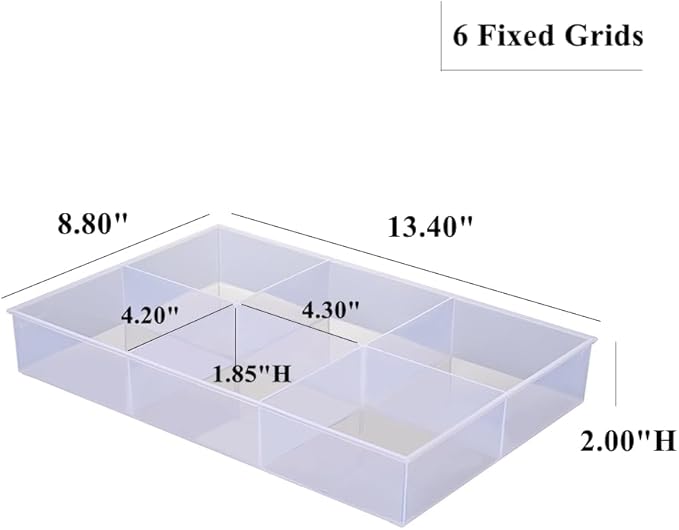 BangQiao 2 Pack Fixed 6 Grids Clear Plastic Organizer Sorting Tray with Large Compartment, Transparent Storage Divider Box Container Case for Hardware, Craft, Sewing Kit, Office Supplies, Small Parts