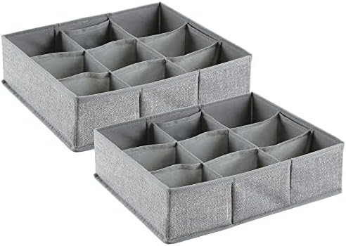mDesign Soft Fabric 9 Section Dresser Drawer and Closet Storage Organizer for Child/Kids Room, Nursery, Playroom - Divided Large Organizer Bin - Textured Print with Solid Trim, 2 Pack - Gray