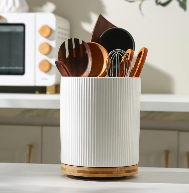 KSENDALO Large 360° Rotating Utensil Holder, Cream White 7.76" Premium Kitchen Crock for Cooking Utensils, Durable Countertop Storage for Home Kitchen