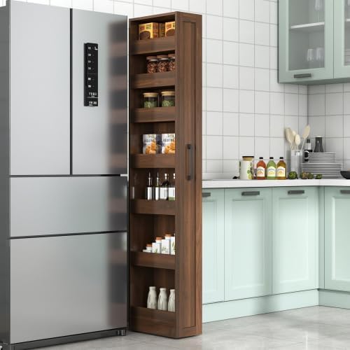 Single-Sided Open Shelf Tall Narrow Pull Out Storage Shelf, 7 Tier Slim Rolling Pantry Storage Cart Next to Fridge Spice Rack Shelves for Kitchen Bathroom Laundry Narrow Places (Walnut1)