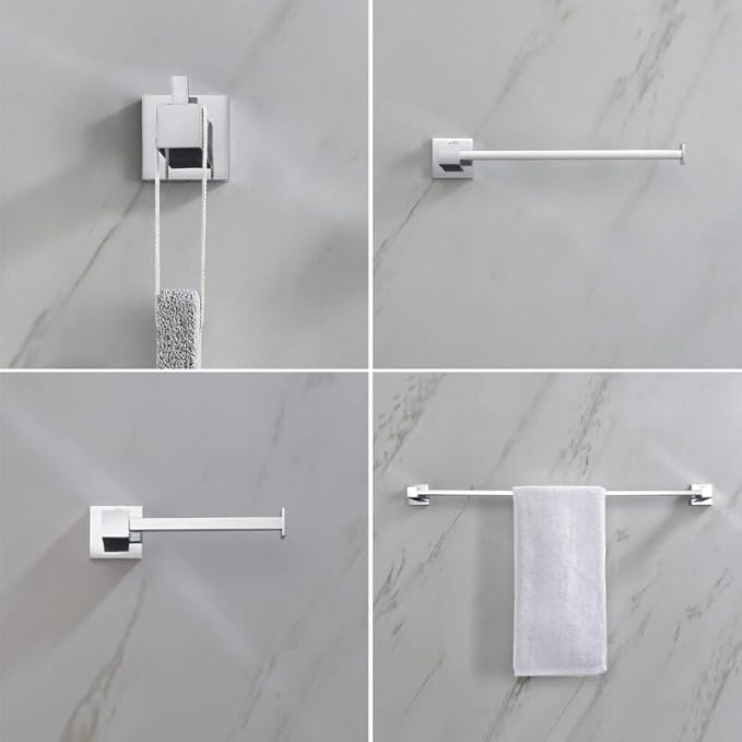 KIBI Cube 5-Piece Bathroom Hardware Set | Includes 24-Inch Towel Bar, Towel Ring, Toilet Paper Holder, and Robe Hooks | Wall-Mounted Solid Brass Accessories | Chrome Finish, C-KBA15-5