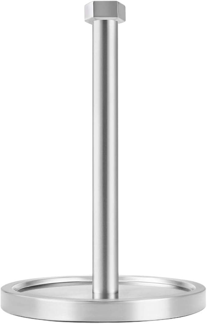 Paper Towel Holder Countertop, Stainless Steel Paper Towel Holder -Weighted Base, One-Handed Tear, Black Kitchen Roll Holder, Non-Slip Protect The countertop-New Silver