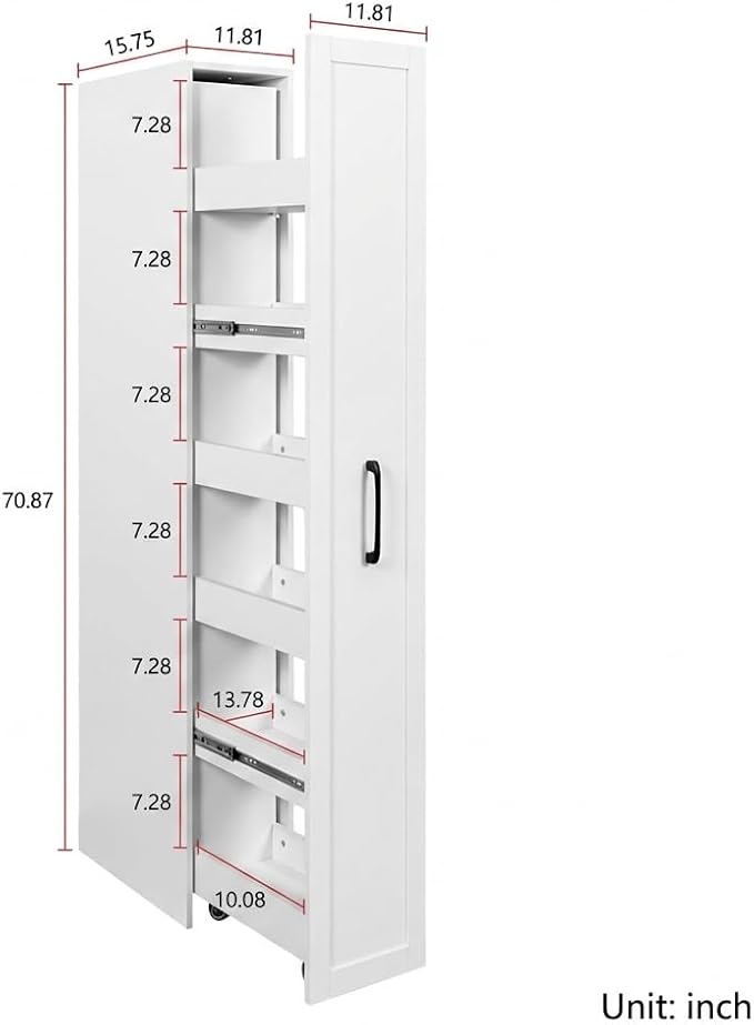 Slim Rolling Storage Cart, 6-Tier Pull-Out Spice Rack with Handle & Wheels, Narrow Kitchen Organizer for Next to Fridge, Pantry, Laundry Room,11.8 Inch Wide Space Saver (White, With Side Panel)