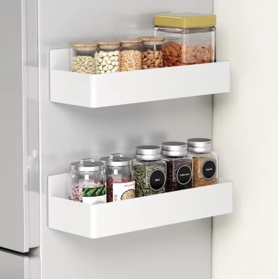 Magnetic Spice Rack for Refrigerator, 2-Pack Heavy Duty Magnetic Shelf Organizer for Fridge, Kitchen Storage and Organization, Matte Black