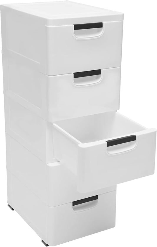 5 Drawers Stackable Storage Drawers Plastic Storage Drawers Collapsible Storage Bins Plastic Clothes Organizer Drawers Storage for Living Room,Bedroom,Office (White, 11.81" W)
