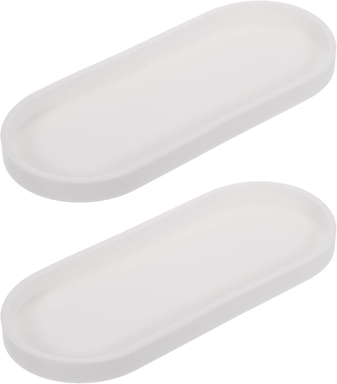 uxcell 2Pcs Bathroom Vanity Tray, 11.8" x 5" Oval Silicone Soap Dispenser Trays, Shatterproof Kitchen Sink Organizer for Soaps Keys Candle Trinket, White