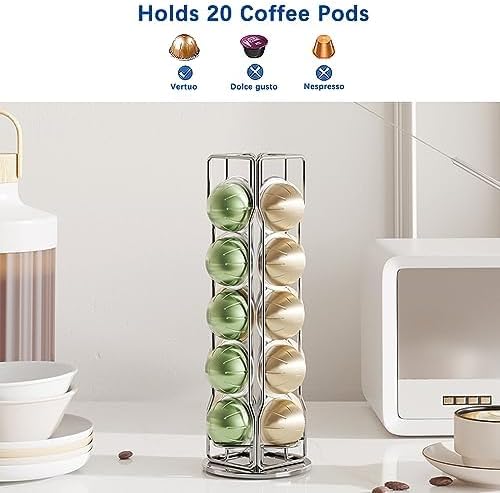 20 Vertuo Pods Coffee Pod Holder Compatible For Nespresso Vertuoline Stand Rack Holds Vertuo line Organizer Carousel 360-Degree Rotatable (Silvery)