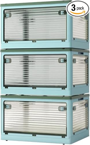 3-Pack Stackable Storage Bins, 50-Liter Collapsible Organizers with 3 Lids, Wheels, Foldable Collapsible Box for Outdoor Camping, Blue