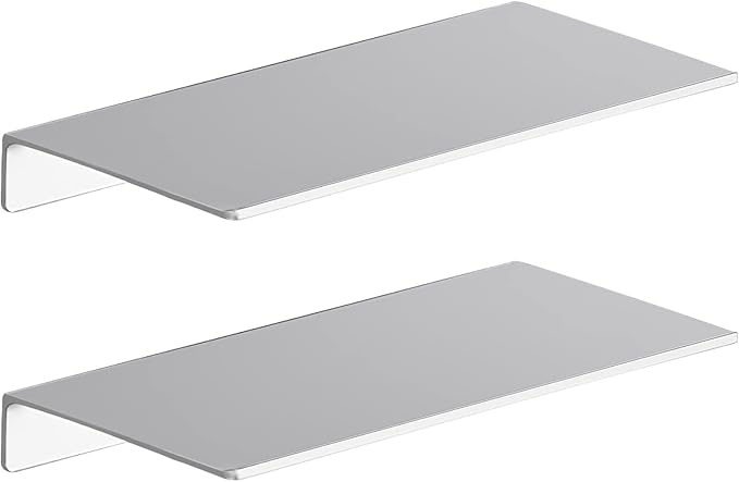 Danpoo Adhesive Floating Shelves for Wall Storage, Metal Wall Shelves, Small Bathroom Shelves Wall Mount, 8" Mini Display Shelves for Collectibles(Silver, 2PCS)