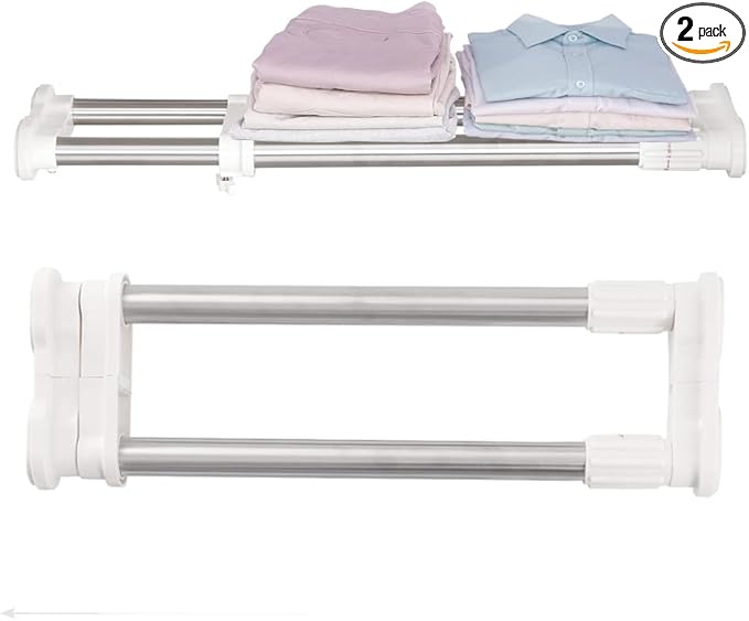 Hershii 2 Pack Expandable Closet Shelf Tension Rod Adjustable Metal Storage Rack Hanger Cabinet Organizer DIY Divider Separator for Wardrobe Cupboard Kitchen Bathroom, Ivory, 17.72-27.56 IN