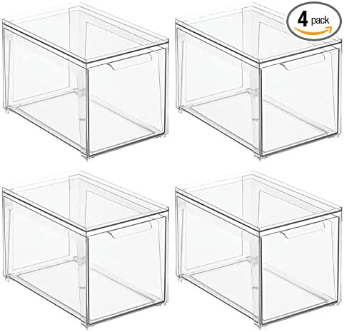 mDesign Plastic Stackable Bathroom Storage with Pull Out Bin Organizer Drawer for Cabinet, Vanity, Shelf, Cupboard, Cabinet, or Closet Organization - Lumiere Collection - 4 Pack - Clear