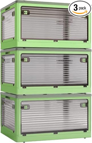 3-Pack Stackable Storage Bins, 50-Liter Collapsible Organizers with 3 Lids, Wheels, Foldable Collapsible Box for Outdoor Camping, Green