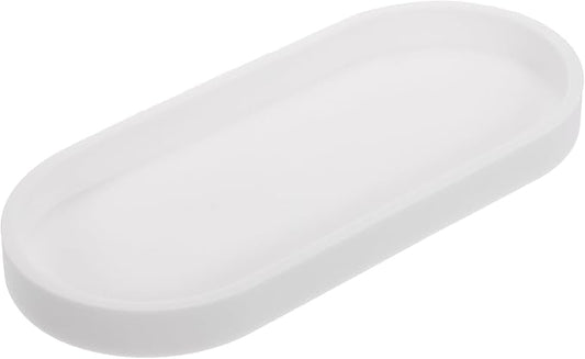 uxcell Bathroom Vanity Tray, 9.8" x 4" Oval Silicone Soap Dispenser Trays, Shatterproof Kitchen Sink Organizer for Soaps Keys Candle Trinket, White