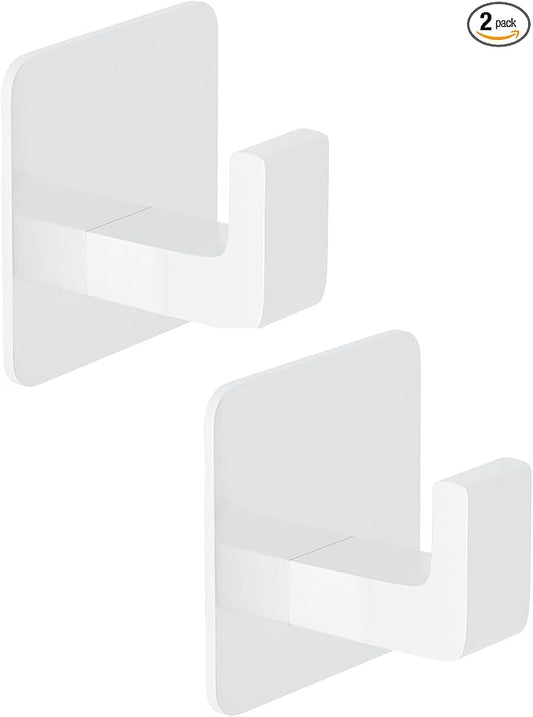 GWAAZXGZ Square Self Adhesive Towel Hooks - 2 Pack Matte White Metal Hooks, Right-Angle Design for Towels, Robes & Hats, Organize Bathroom, Kitchen, Entryway, Doors, Cabinets on Smooth Surfaces