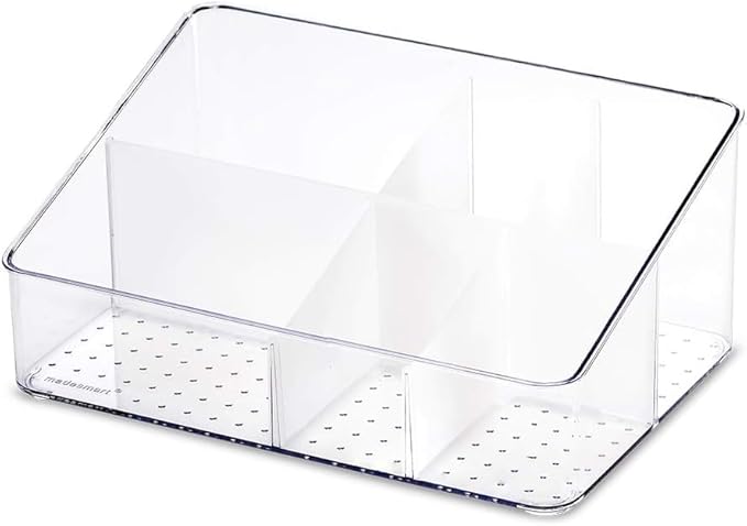 madesmart Angle Bin with Clear Lid, Tilt-Open Organizer for Makeup, Lotions, Cologne & Bathroom Essentials, Stackable Countertop or Cabinet Storage, White