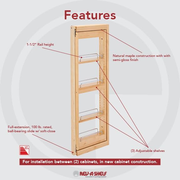 Rev-A-Shelf Kitchen Cabinet Pullout Wall Filler Wooden Organizer Slide Out Pantry Storage w/Soft-Close in Multiple Sizes, 3 x 36 In, 432-WFBBSC36-3C