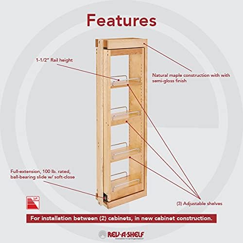 Rev-A-Shelf Kitchen Cabinet Pullout Wall Filler Wooden Organizer Slide Out Pantry Storage w/Soft-Close in Multiple Sizes, 6 x 39 In, 432-WFBBSC39-6C