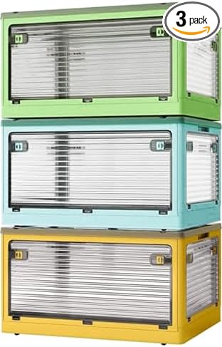 3-Pack Stackable Storage Bins, 83-Liter Collapsible Organizers with 3 Lids, Wheels, Foldable Collapsible Box for Outdoor Camping, Mixed Color
