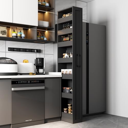 Single-Sided Open Shelf Tall Narrow Pull Out Storage Shelf, 7 Tier Slim Rolling Pantry Storage Cart Next to Fridge Spice Rack Shelves for Kitchen Bathroom Laundry Narrow Places (Black1)
