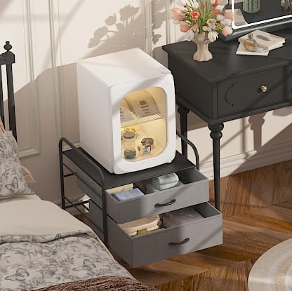 Mini Fridge Stand, Fridge Stand with Storage, 2 Drawer Fridge Cart, Organizer Unit for Mini Fridge, Fridge Stand with Metal Frame and Fabric Drawers, Mini Fridge Table with 4 Swivel Wheels