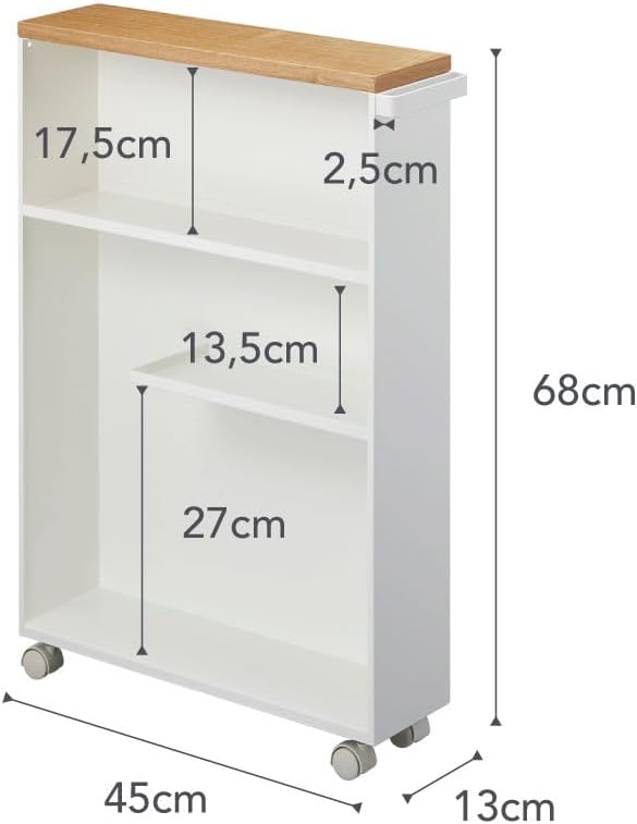 YAMAZAKI Home Slim Rolling Storage Cart – Narrow Bathroom Storage Cabinet with Handle, Slim Bathroom Storage Cart with Wheels, Easy Assembly, Steel + Wood, White, 27" - Steel -