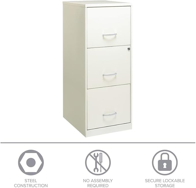 Scranton & Co 18" Deep 3 Drawer Metal Vertical Filing Cabinet, Letter Size, Locking, Home Office, in Pearl White