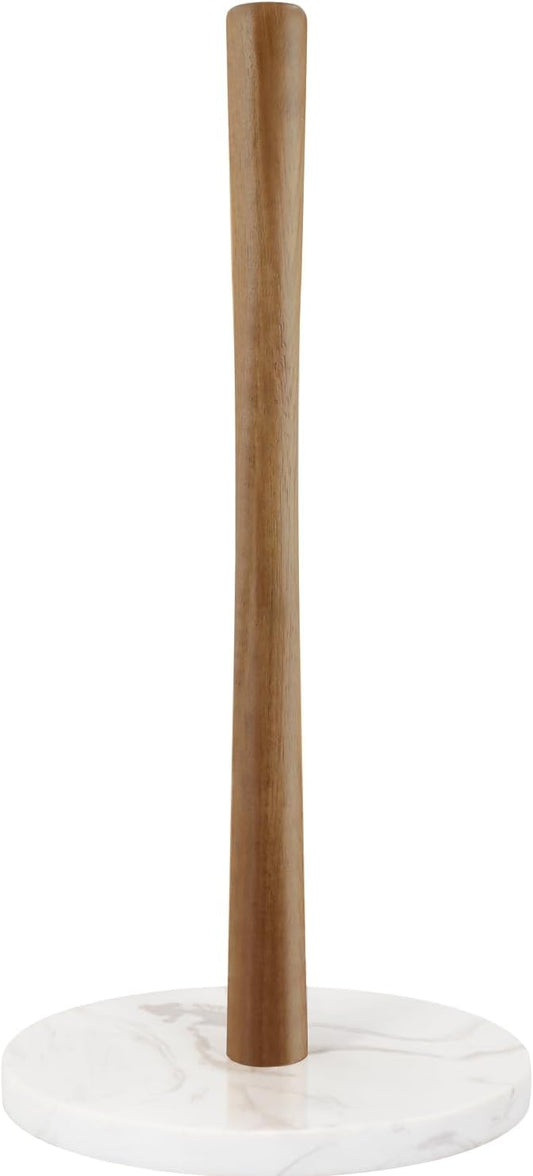 Buruis Wood Paper Towel Holder, Marble Base Modern Decorative Countertop Standing Rolls Holder for Kitchen, Toilet, Pantry and Bathroom (Marble Base White)