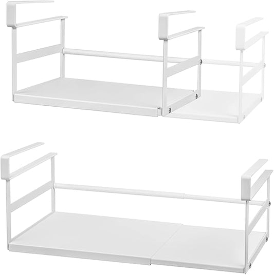 2Pack Under Shelf Storage Basket Organizer Expandable Width Add-On Space Saver Hanging Under Cabinet Pantry Kitchen Countertop Desktop Bookshelf Cupboard Board Slide-in White Heavy-Duty Metal