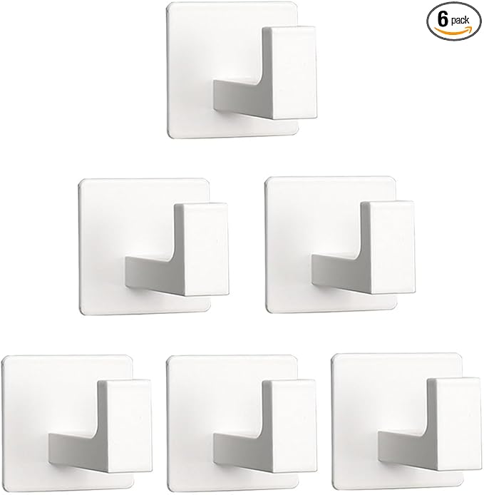 Vanloory Bath Towel Hooks, 6 Pack Self Adhesive Square Coat Hooks, Sturdy No Drilling Robe Hook, Heavy Duty Aluminum Clothes Hanger, Wall Hooks for Bathroom Bedroom Kitchen (2 in, White)
