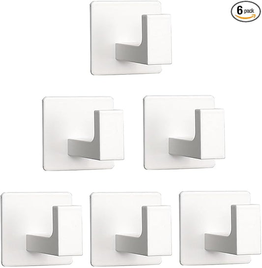 Vanloory Bath Towel Hooks, 6 Pack Self Adhesive Square Coat Hooks, Sturdy No Drilling Robe Hook, Heavy Duty Aluminum Clothes Hanger, Wall Hooks for Bathroom Bedroom Kitchen (2 in, White)