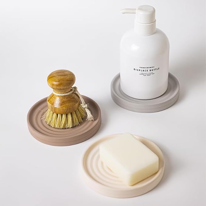Selegna Diatomite Soap Holder, Circular Design with Ripple Pattern, Absorbent Bath Soap Dish (Beige)