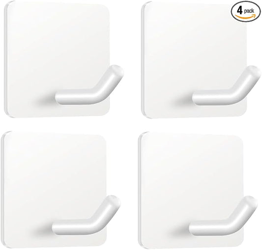 FOTYRIG Adhesive Towel Hooks Heavy Duty Stick on Towel Holder Wall Hangers Waterproof Stainless Steel Sticky Hooks for Hanging White Bathroom Kitchen Home-4 Packs