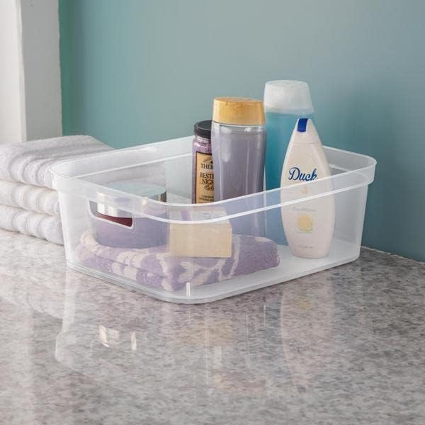 Tribello Modern Organizers And Storage Bin Clear Plastic Shelf Organizer Bins - Ideal for Under Sink Organization - Made In USA (Large - 15” X 12” X 5”)