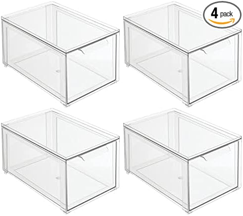 mDesign Plastic Stackable Bathroom Storage with Pull Out Bin Organizer Drawer for Cabinet, Vanity, Shelf, Cupboard, Cabinet, or Closet Organization - Lumiere Collection - 4 Pack - Clear