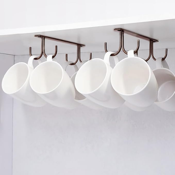 Mug Rack Under Cabinet - Coffee Cup Holder, 8 Mugs Hooks Under Shelf, Display Hanging Cups Drying Hook for Bar Kitchen Utensils Brown