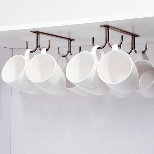 Mug Rack Under Cabinet - Coffee Cup Holder, 8 Mugs Hooks Under Shelf, Display Hanging Cups Drying Hook for Bar Kitchen Utensils Brown