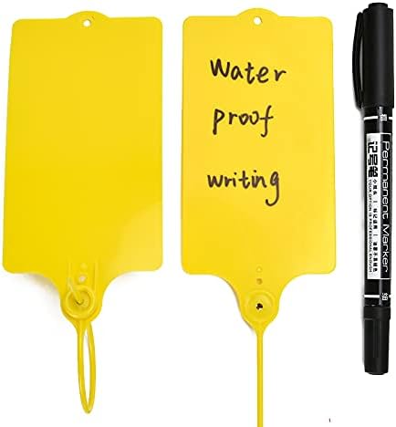 LeadSeals 100 Plastic Shipping Tags - Waterproof, Writable, Hanging Tags with One Yellow Marker Pen