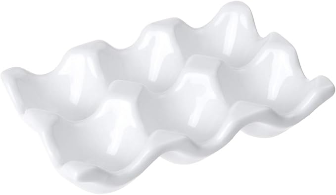 Ceramic 6 Cups Egg Tray - Half Dozen Porcelain Egg Holder Container Keeper Storage Organizer Decorative Serving Dish Plate for Refrigerator Fridge Countertop Display Kitchen Home (White)