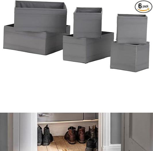 SKUBB Storage Box Set of 6 – Grey Fabric Drawer Organizers for Closet, Dresser, or Wardrobe – Foldable & Lightweight