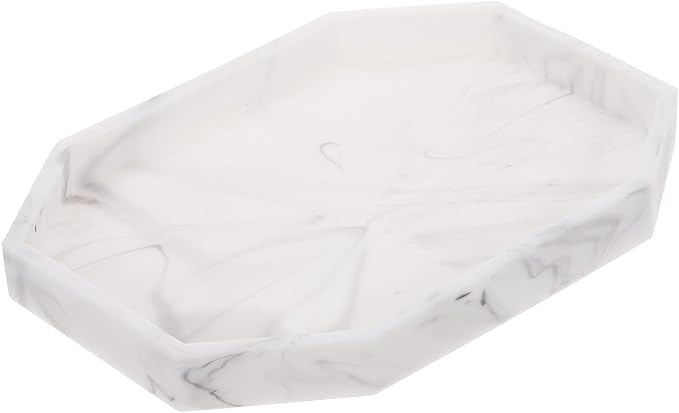 uxcell Bathroom Vanity Tray, 7.9" x 6" Octagon Silicone Soap Dispenser Trays, Shatterproof Kitchen Sink Organizer for Soaps Keys Candle Trinket, Marble White