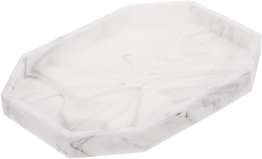 uxcell Bathroom Vanity Tray, 7.9" x 6" Octagon Silicone Soap Dispenser Trays, Shatterproof Kitchen Sink Organizer for Soaps Keys Candle Trinket, Marble White